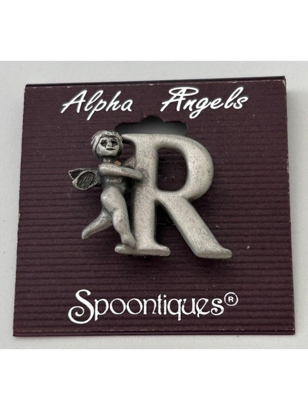Vintage Alpha Angels Cherub Letter "R" Pewter Pin By Spoontiques